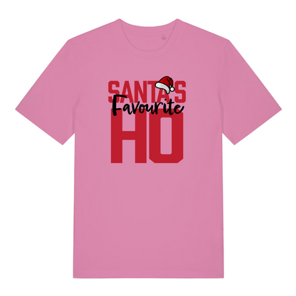 pink women's christmas t-shirt with the slogan 'santa's favourite ho'
