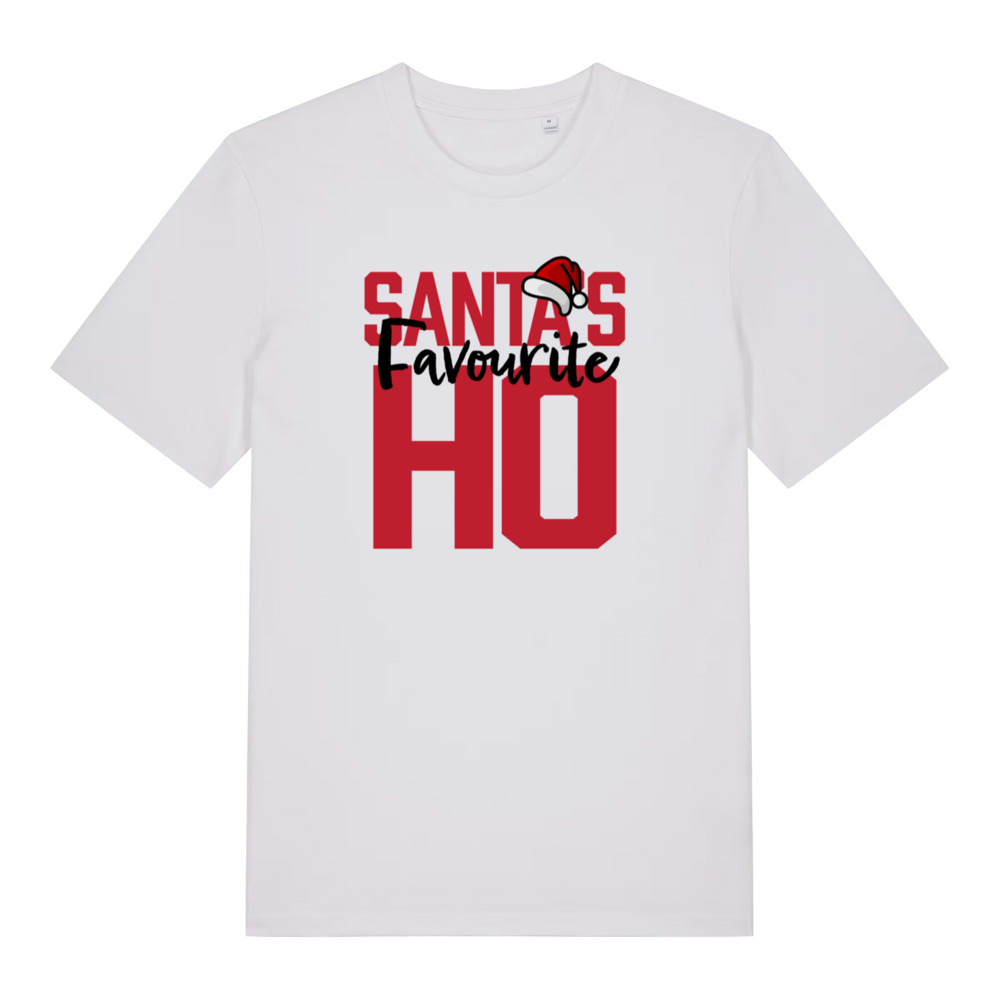 white women's christmas t-shirt with the slogan 'santa's favourite ho'