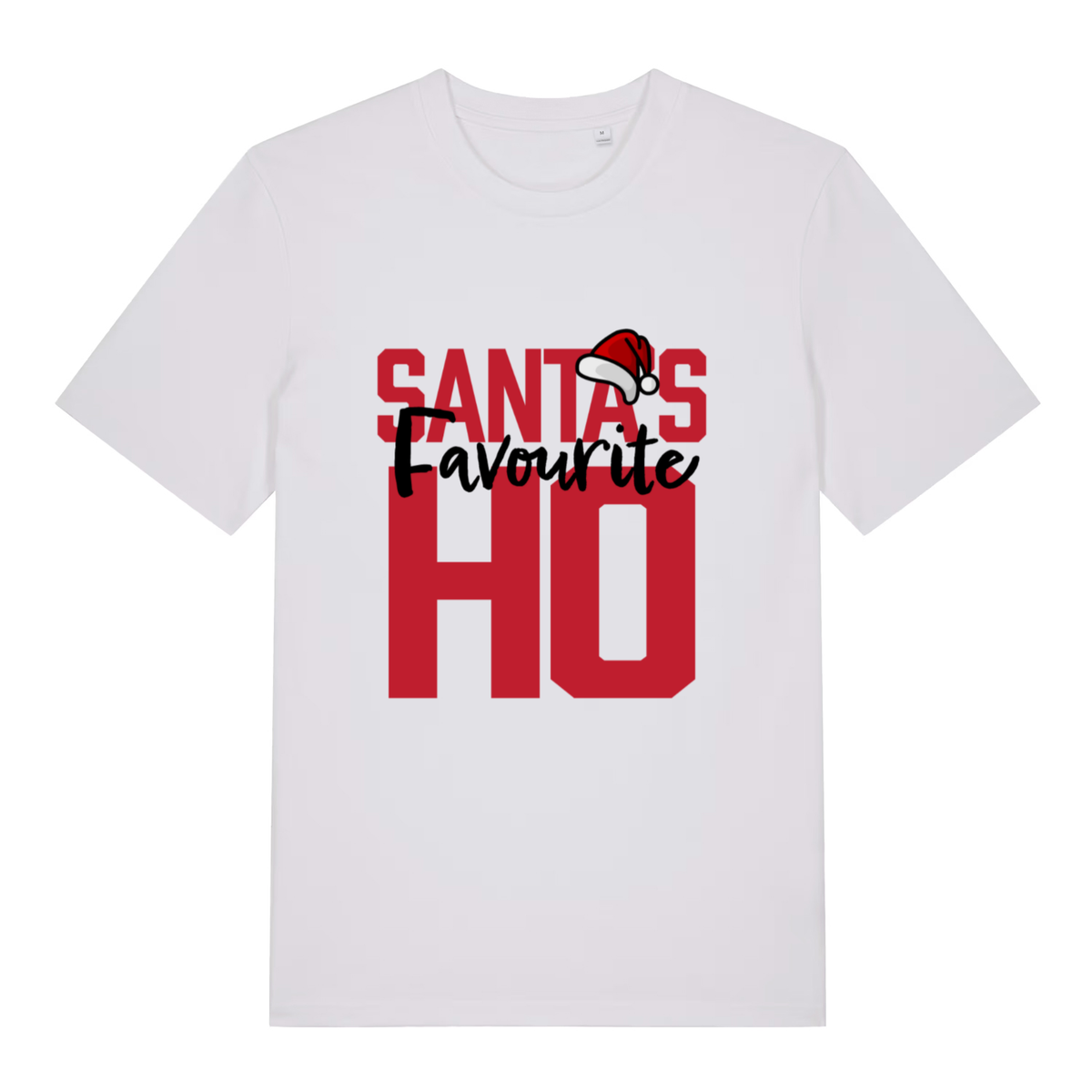 White Santa’s Favourite Ho funny slogan t-shirt with bold red festive lettering  