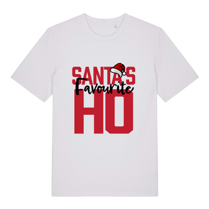 White Santa’s Favourite Ho funny slogan t-shirt with bold red festive lettering  
