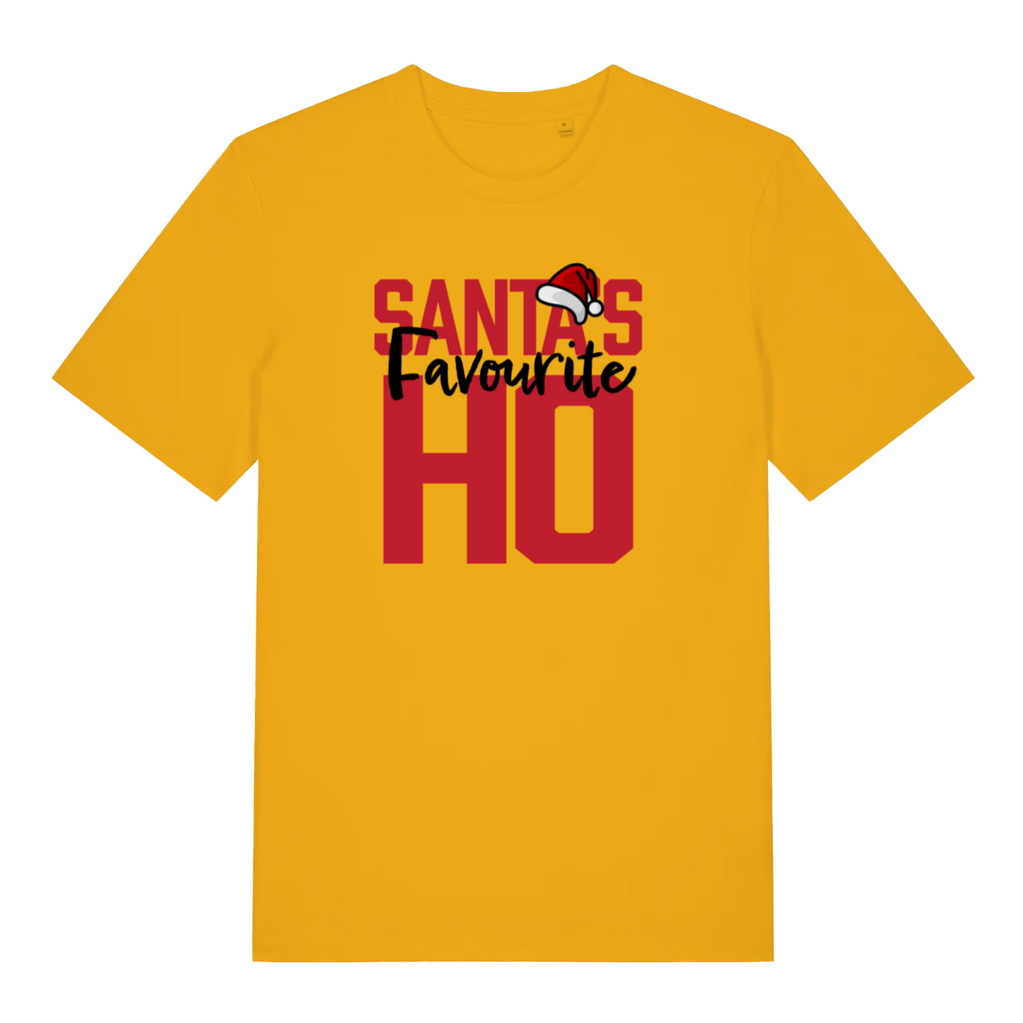 yellow women's christmas t-shirt with the slogan 'santa's favourite ho'