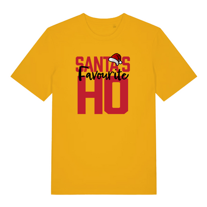 yellow women's christmas t-shirt with the slogan 'santa's favourite ho'