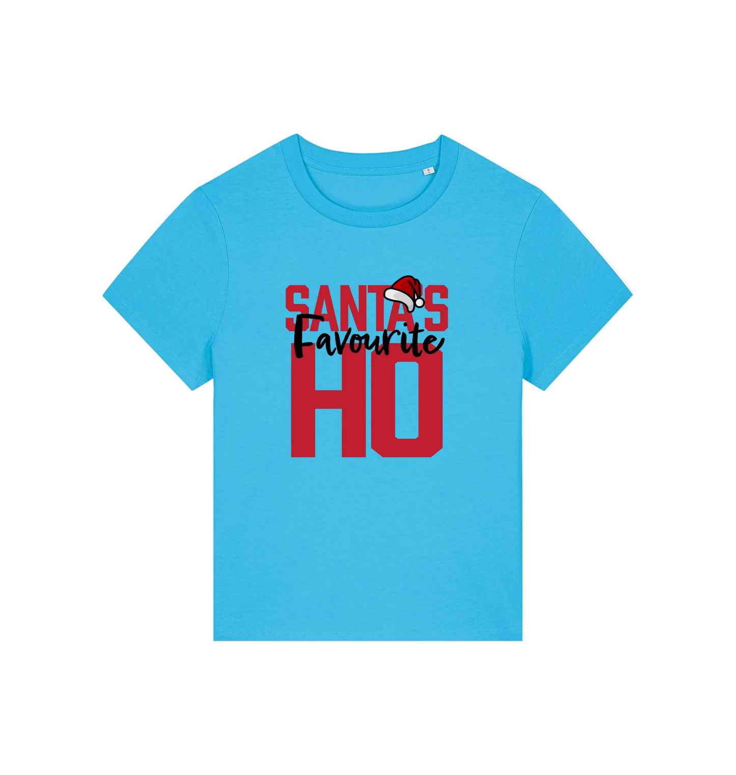 blue christmas slogan t-shirt that reads 'santa's favourite ho'