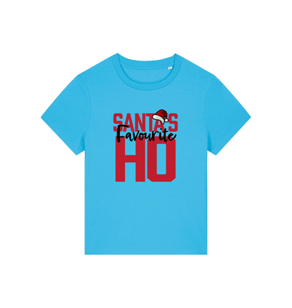 blue christmas slogan t-shirt that reads 'santa's favourite ho'