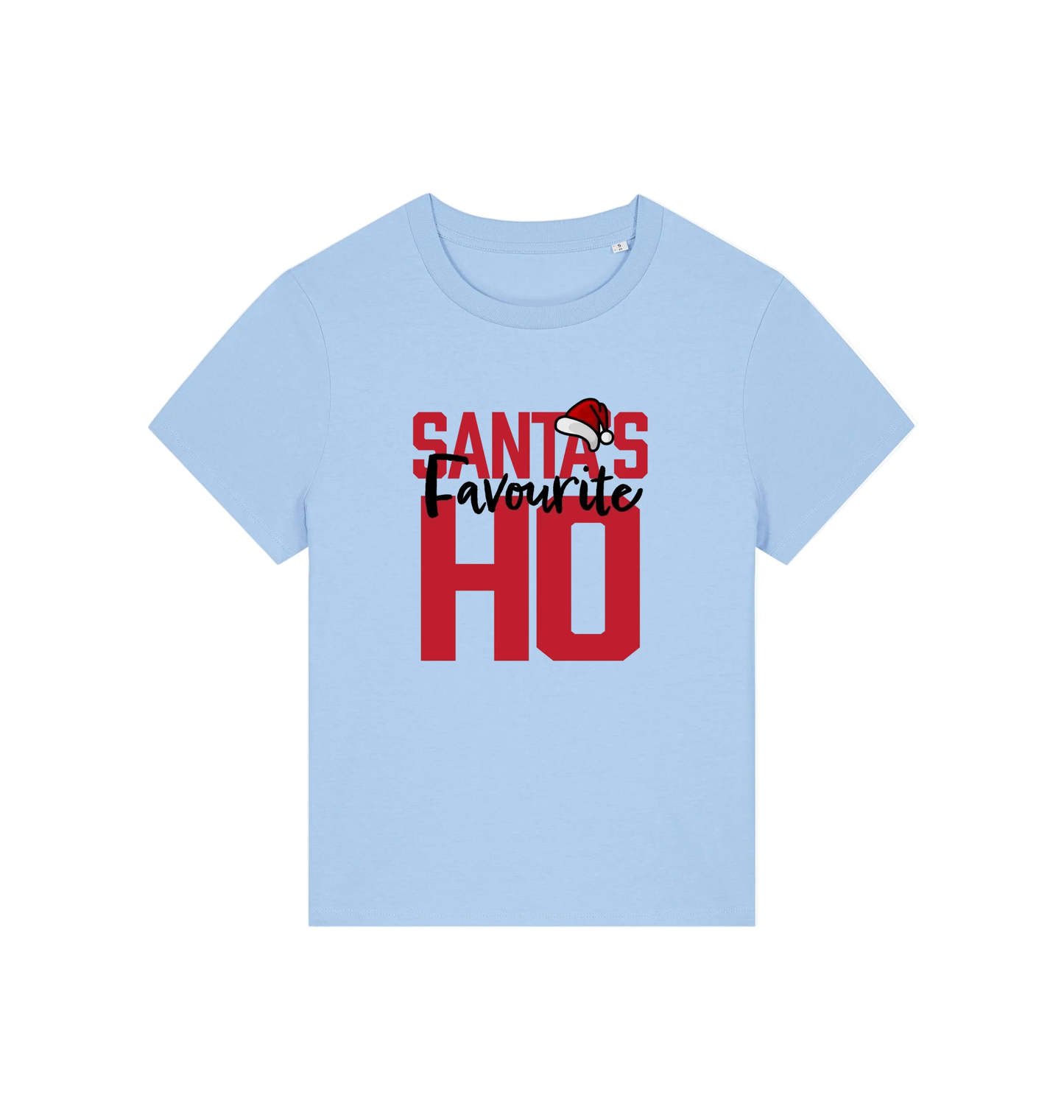 light blue christmas slogan t-shirt that reads 'santa's favourite ho'