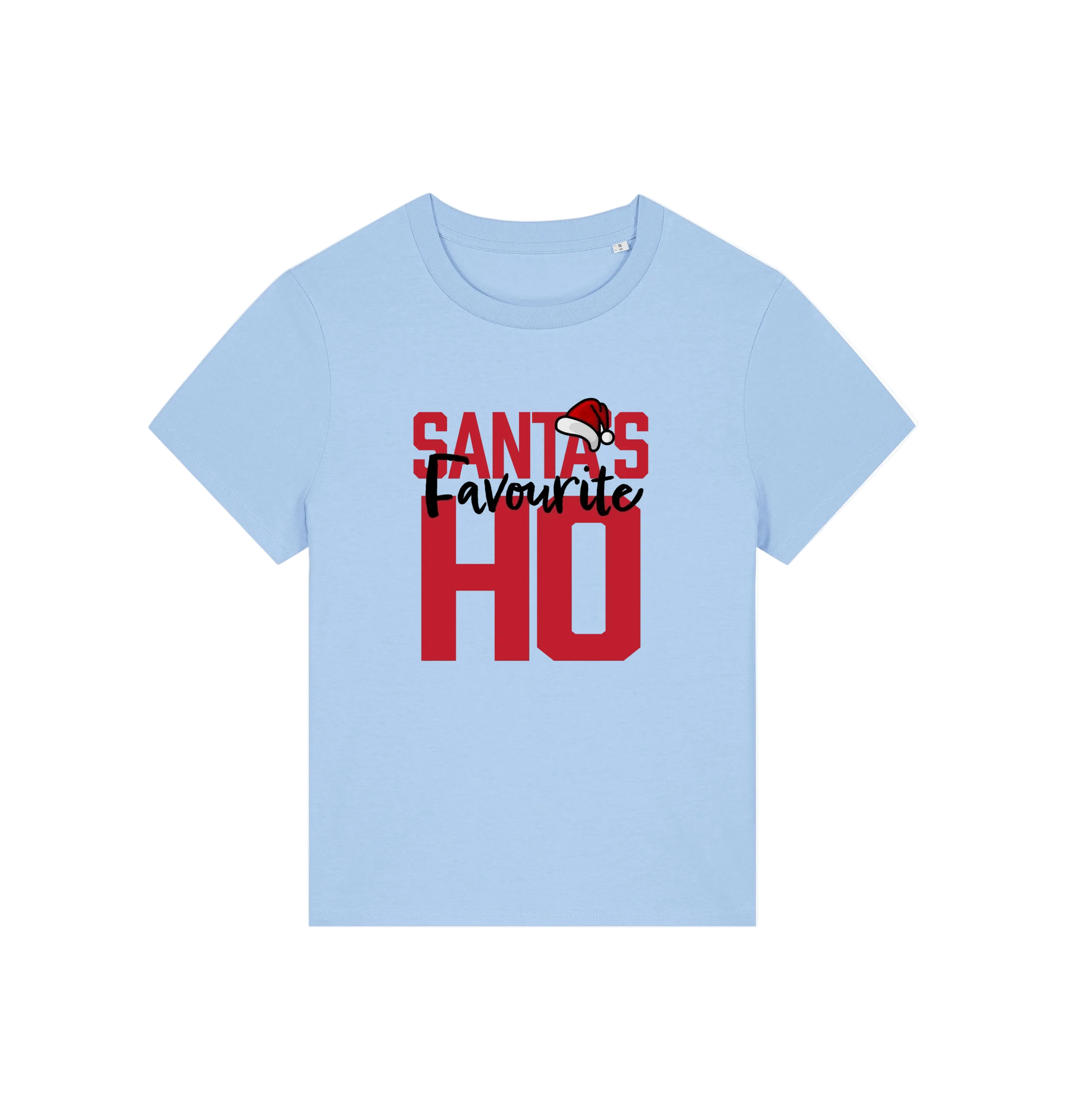 light blue christmas slogan t-shirt that reads 'santa's favourite ho'