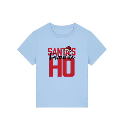 light blue christmas slogan t-shirt that reads 'santa's favourite ho'