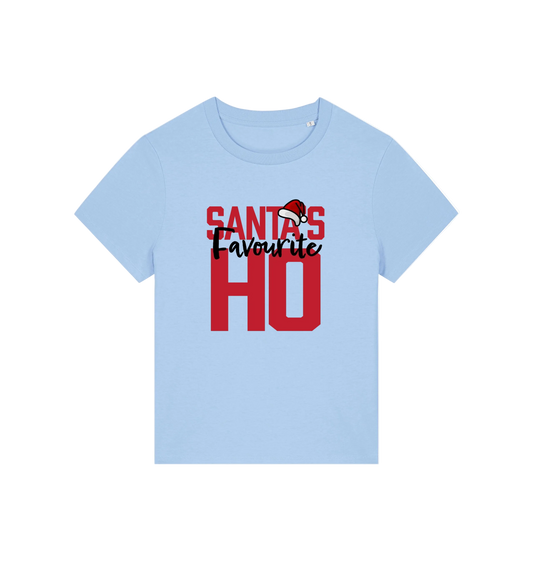 light blue christmas slogan t-shirt that reads 'santa's favourite ho'
