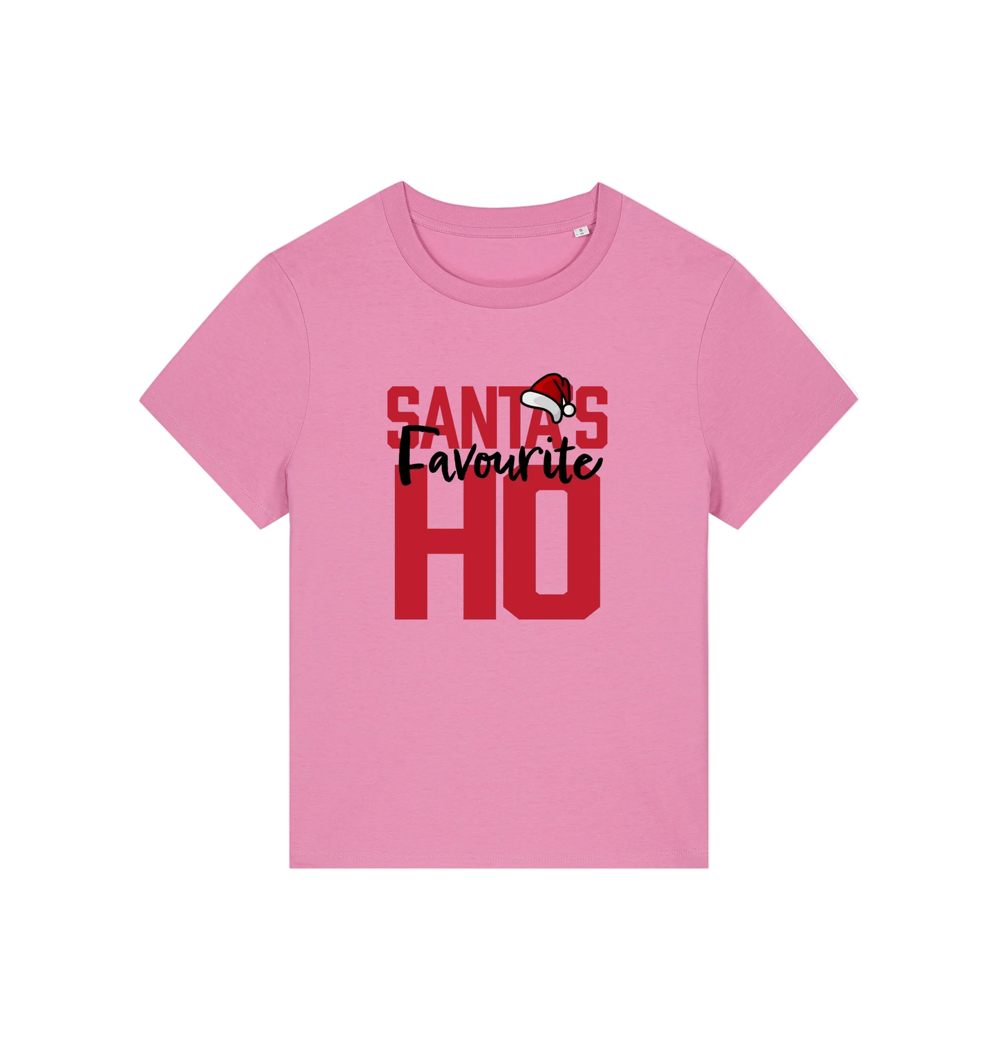 pink christmas slogan t-shirt that reads 'santa's favourite ho'