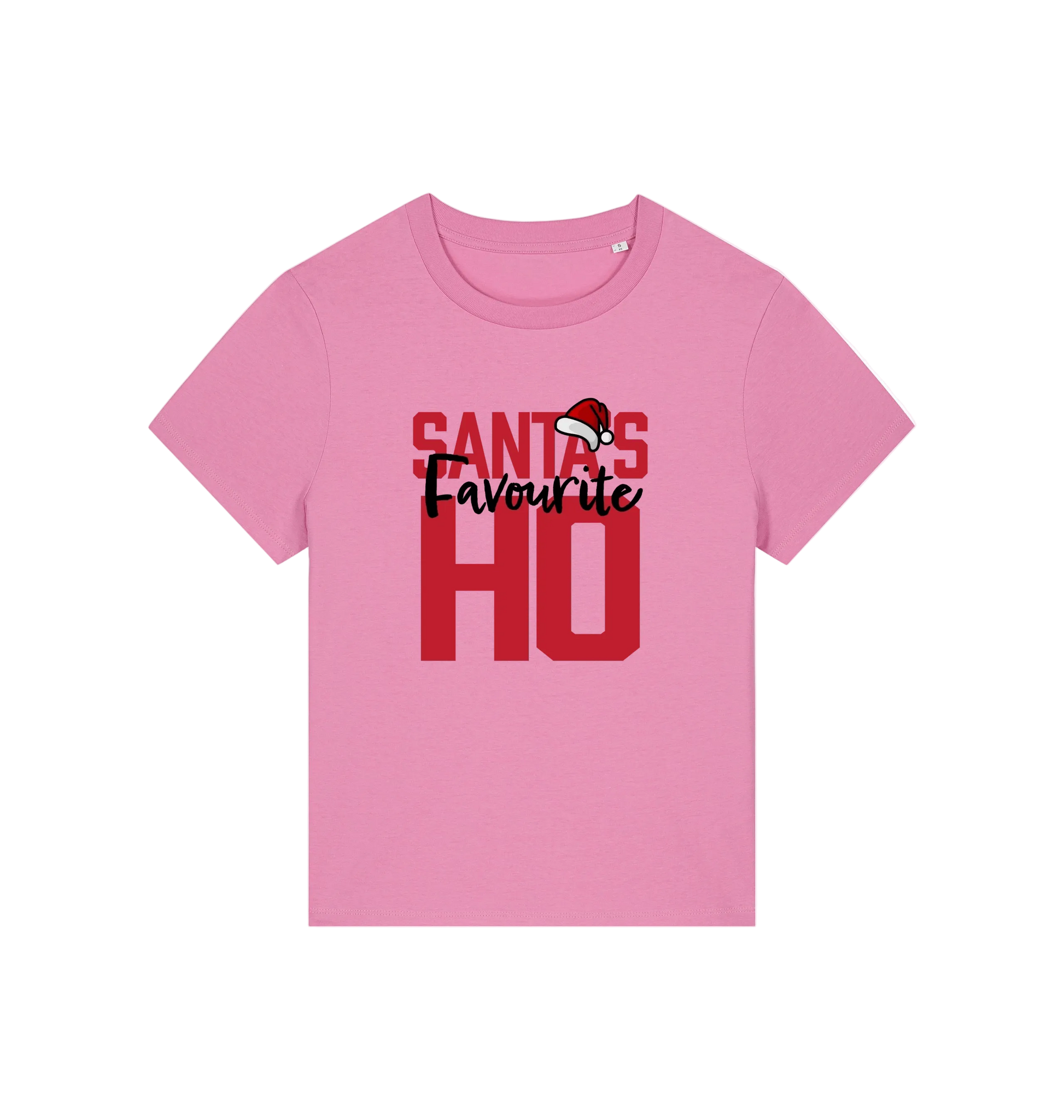 pink christmas slogan t-shirt that reads 'santa's favourite ho'