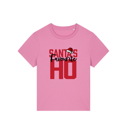 pink christmas slogan t-shirt that reads 'santa's favourite ho'
