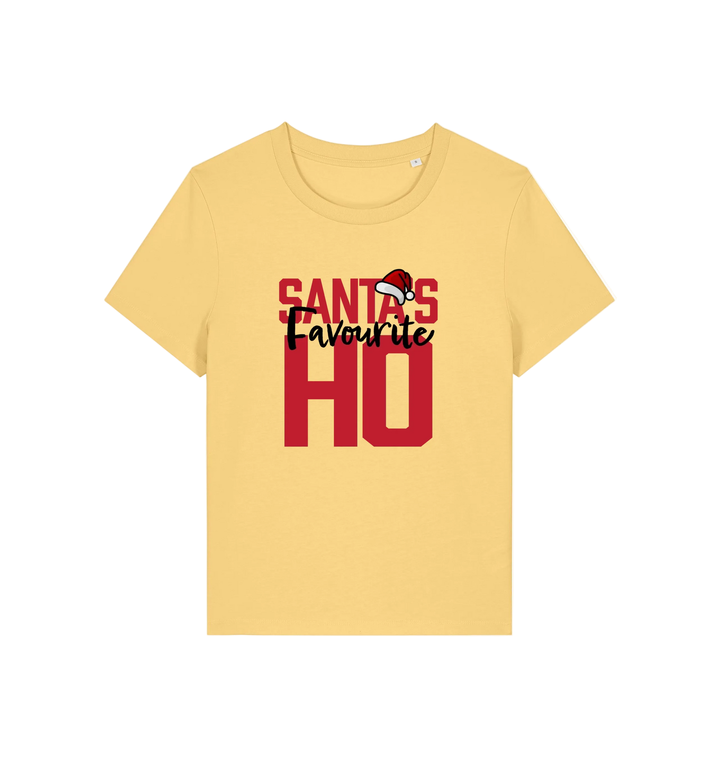 yellow christmas slogan t-shirt that reads 'santa's favourite ho'