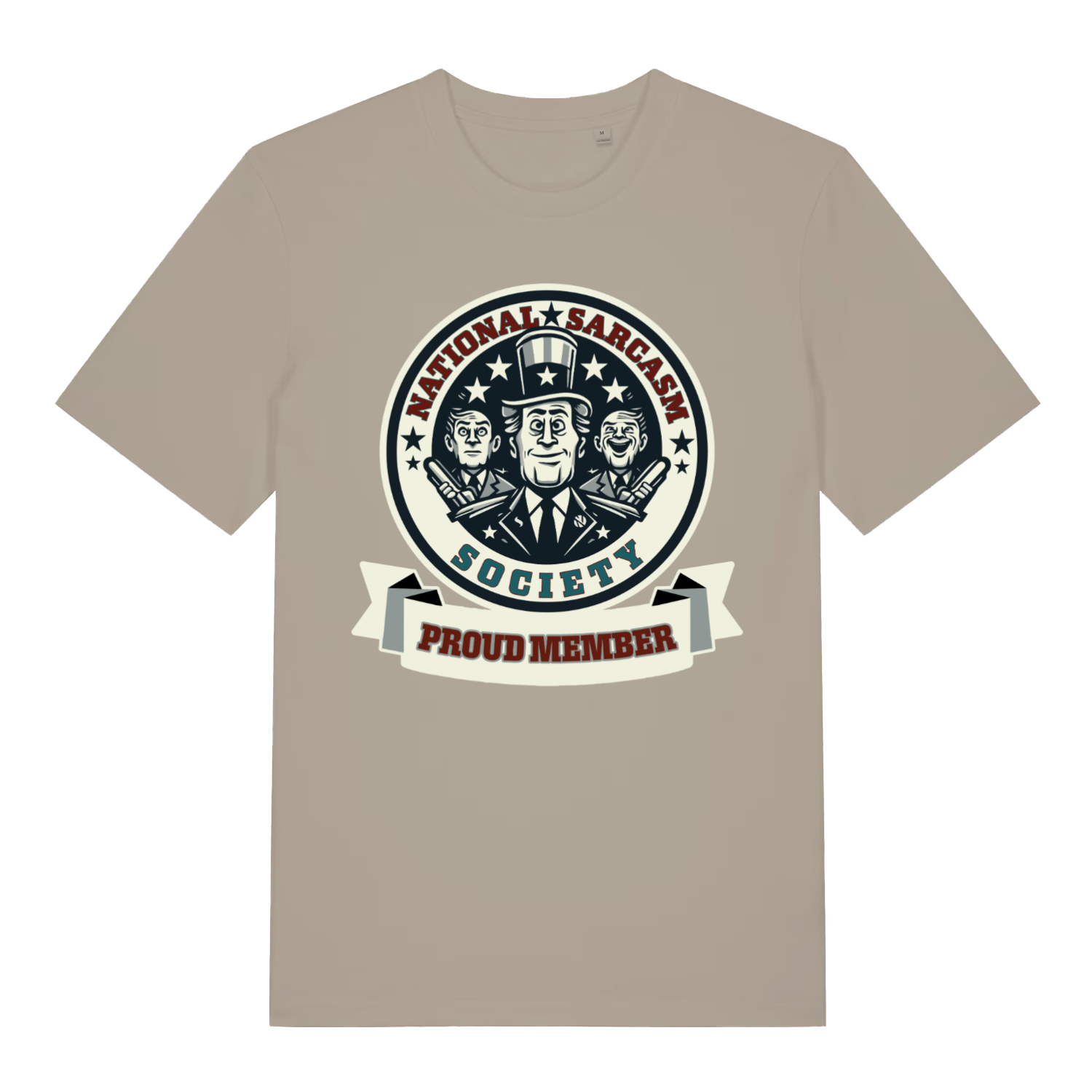 Beige National Sarcasm Society Proud Member funny graphic t-shirt with official crest  