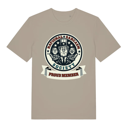 Beige National Sarcasm Society Proud Member funny graphic t-shirt with official crest  