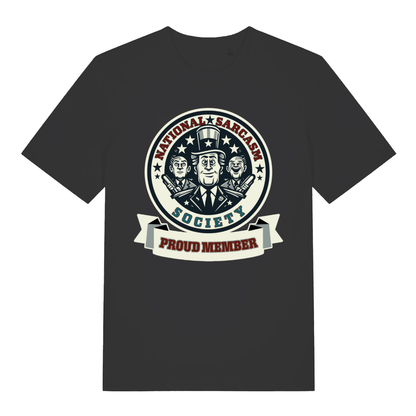 Black National Sarcasm Society Proud Member funny graphic t-shirt featuring cheeky society emblem  
