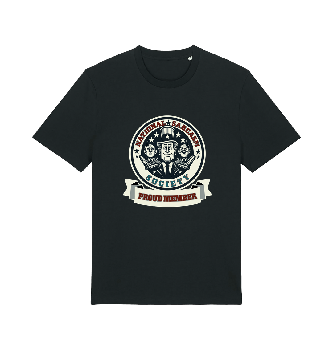black sarcastic t-shirt with the graphic of three men and the slogan 'national sarcasm society proud member'