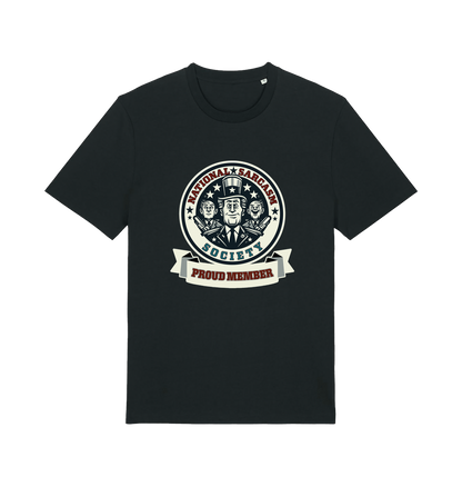 black sarcastic t-shirt with the graphic of three men and the slogan 'national sarcasm society proud member'