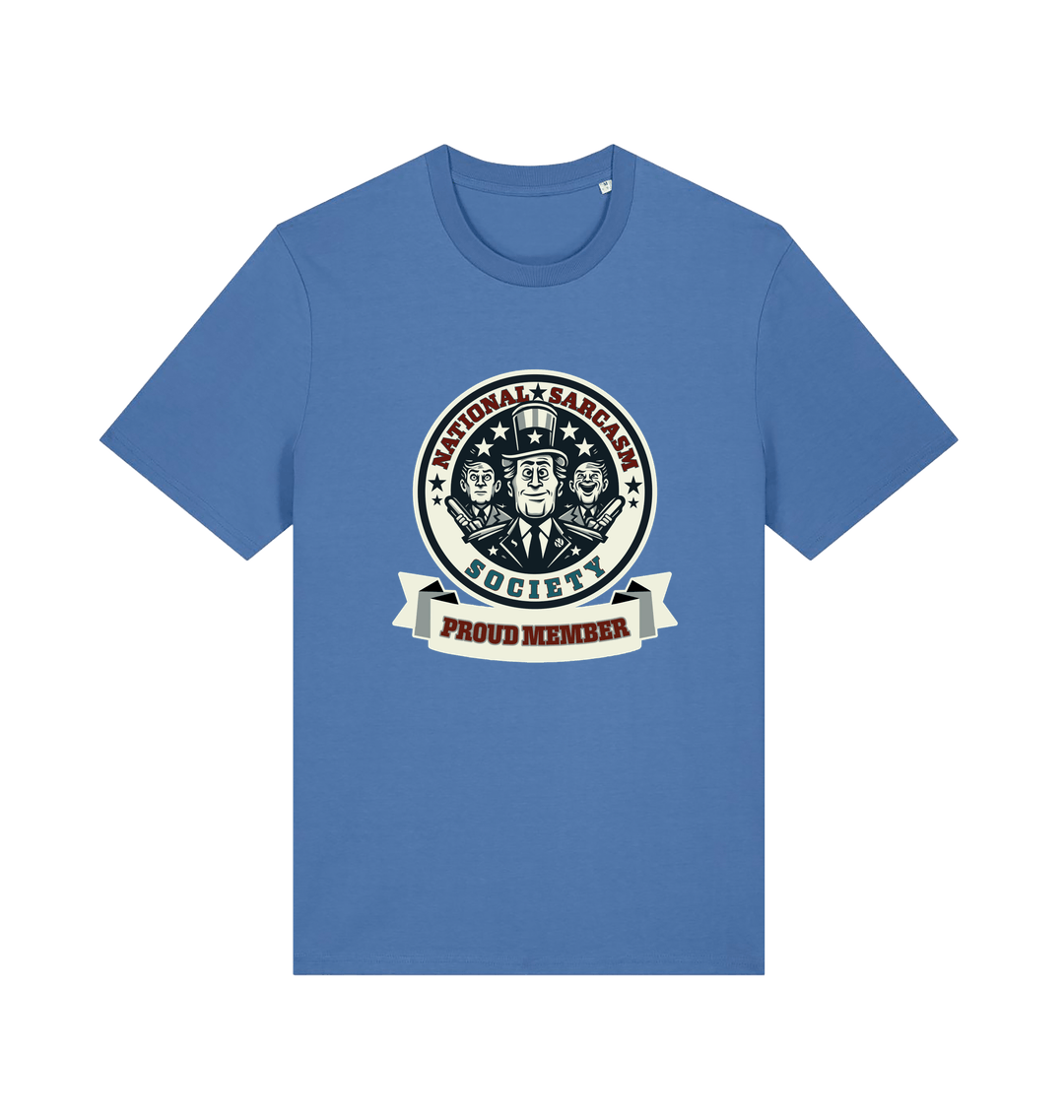 blue sarcastic t-shirt with the graphic of three men and the slogan 'national sarcasm society proud member'