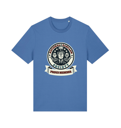 blue sarcastic t-shirt with the graphic of three men and the slogan 'national sarcasm society proud member'