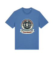 blue sarcastic t-shirt with the graphic of three men and the slogan 'national sarcasm society proud member'