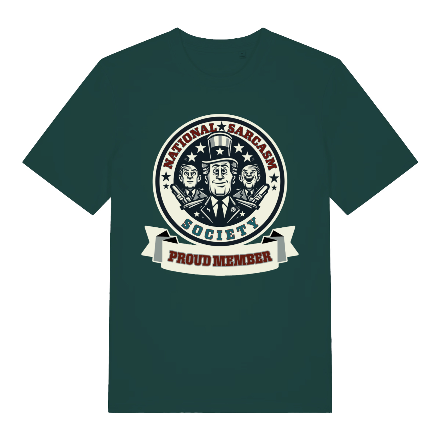 Green National Sarcasm Society Proud Member funny graphic t-shirt with bold membership design  