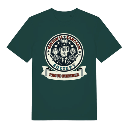 Green National Sarcasm Society Proud Member funny graphic t-shirt with bold membership design  
