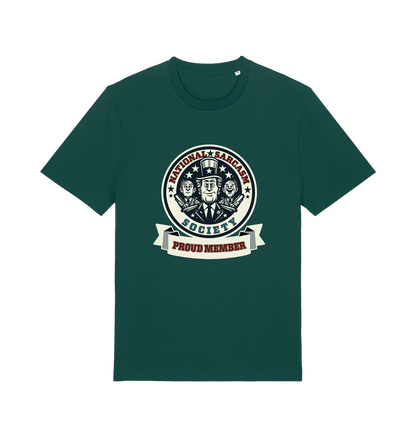green sarcastic t-shirt with the graphic of three men and the slogan 'national sarcasm society proud member'