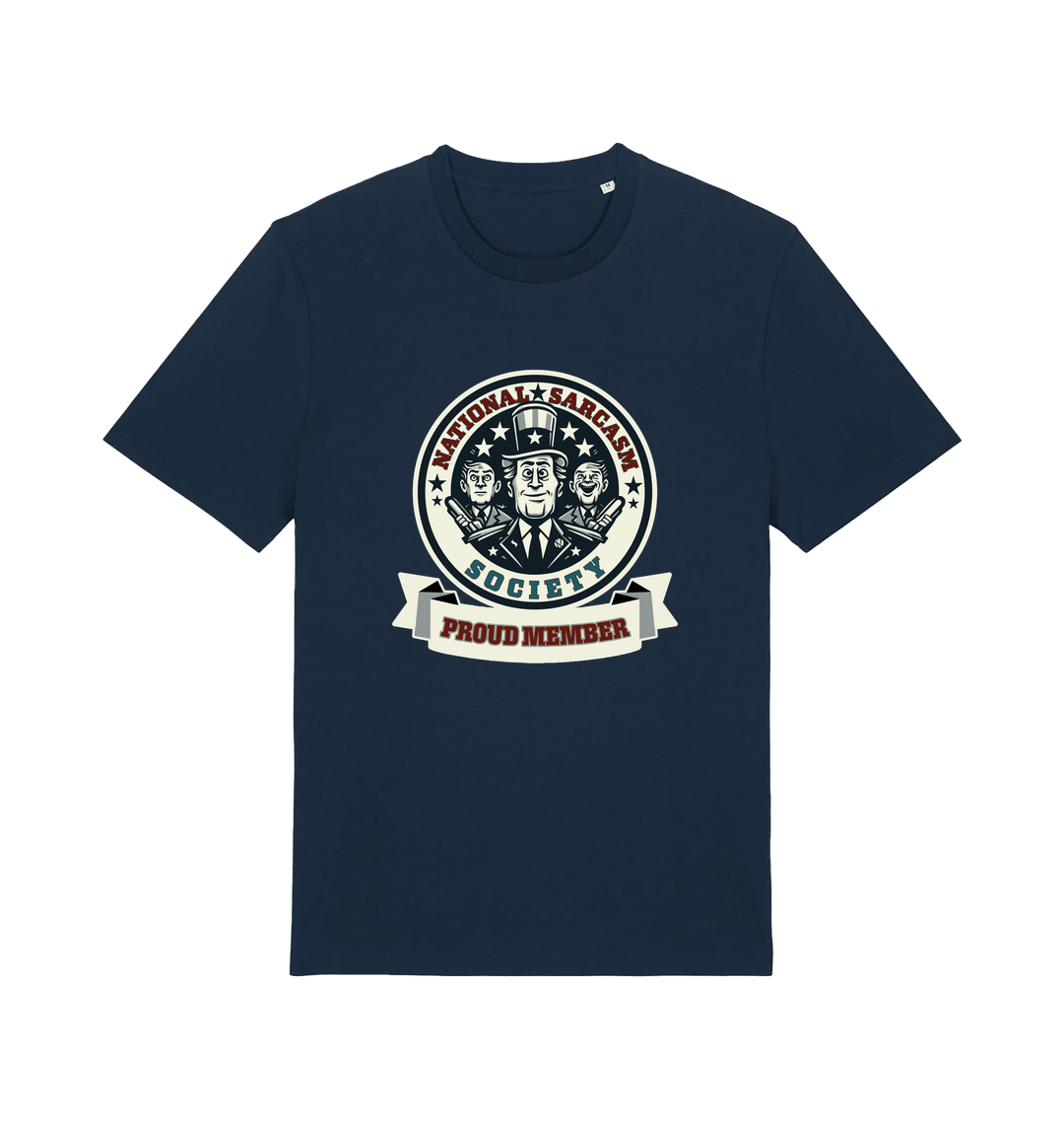 navy sarcastic t-shirt with the graphic of three men and the slogan 'national sarcasm society proud member'