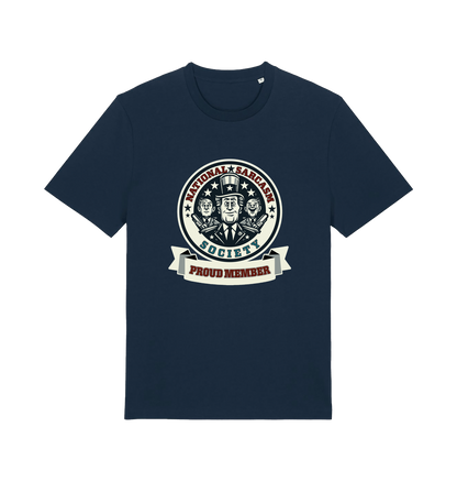 navy sarcastic t-shirt with the graphic of three men and the slogan 'national sarcasm society proud member'