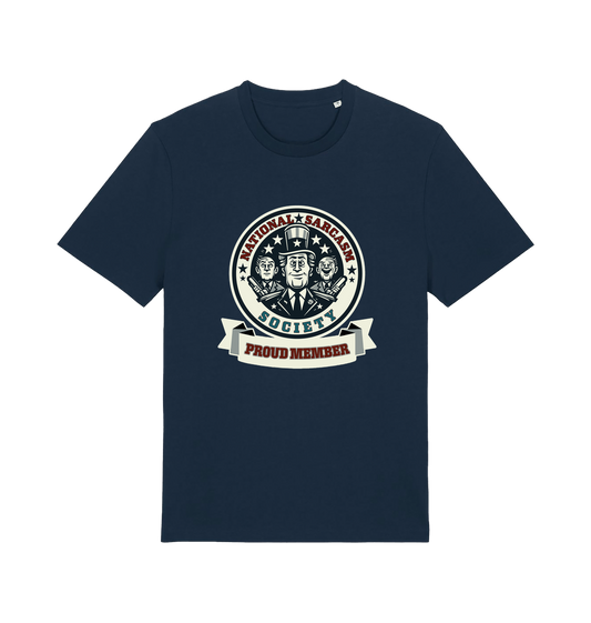 navy sarcastic t-shirt with the graphic of three men and the slogan 'national sarcasm society proud member'