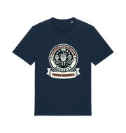 navy sarcastic t-shirt with the graphic of three men and the slogan 'national sarcasm society proud member'