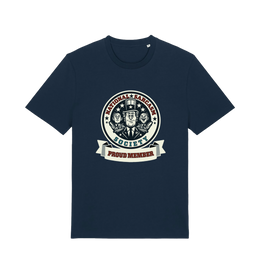 navy sarcastic t-shirt with the graphic of three men and the slogan 'national sarcasm society proud member'