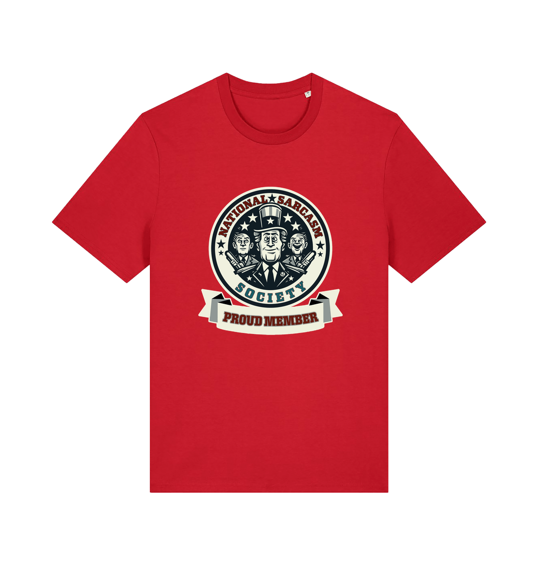 red sarcastic t-shirt with the graphic of three men and the slogan 'national sarcasm society proud member'