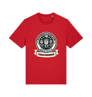 red sarcastic t-shirt with the graphic of three men and the slogan 'national sarcasm society proud member'