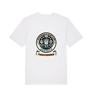 white sarcastic t-shirt with the graphic of three men and the slogan 'national sarcasm society proud member'