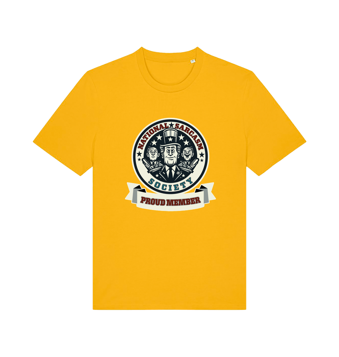 yellow sarcastic t-shirt with the graphic of three men and the slogan 'national sarcasm society proud member'