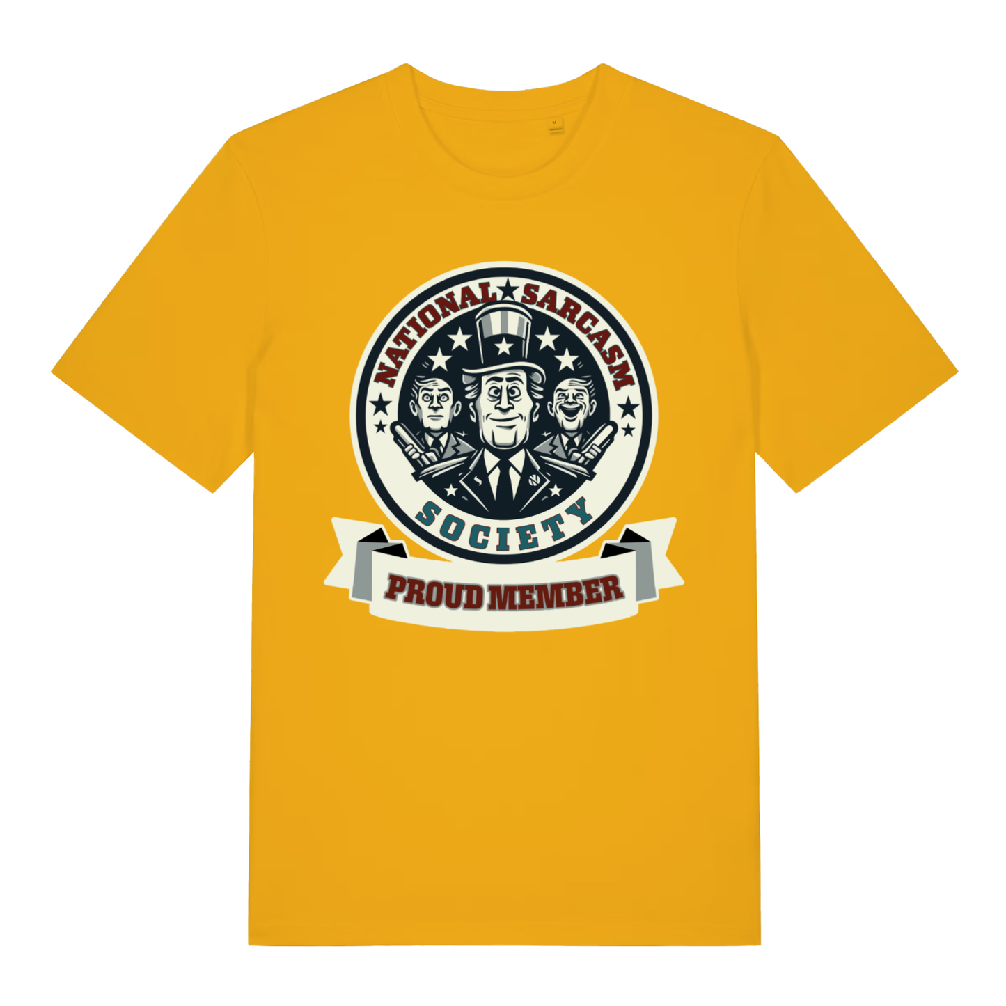Yellow National Sarcasm Society Proud Member funny graphic t-shirt with witty membership emblem  