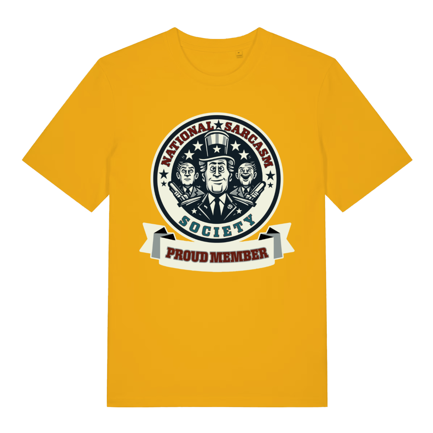 Yellow National Sarcasm Society Proud Member funny graphic t-shirt with witty membership emblem  