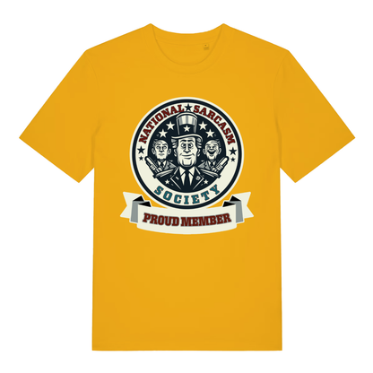 Yellow National Sarcasm Society Proud Member funny graphic t-shirt with witty membership emblem  