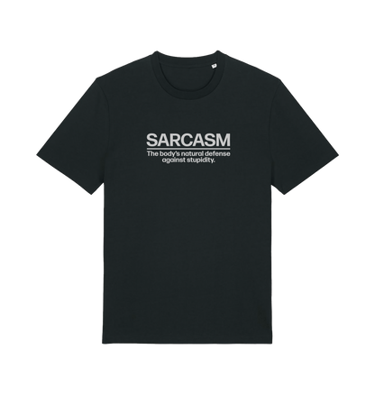 black funny slogan t-shirt with 'sarcasm the body's natural defence against stupidity'