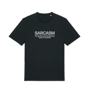 black funny slogan t-shirt with 'sarcasm the body's natural defence against stupidity'