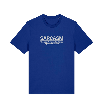 blue funny slogan t-shirt with 'sarcasm the body's natural defence against stupidity'
