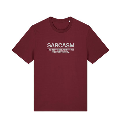 burgundy funny slogan t-shirt with 'sarcasm the body's natural defence against stupidity'