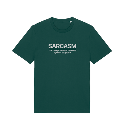 green funny slogan t-shirt with 'sarcasm the body's natural defence against stupidity'