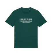 green funny slogan t-shirt with 'sarcasm the body's natural defence against stupidity'