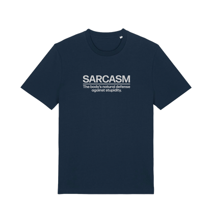 navy funny slogan t-shirt with 'sarcasm the body's natural defence against stupidity'