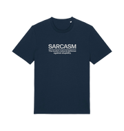 navy funny slogan t-shirt with 'sarcasm the body's natural defence against stupidity'