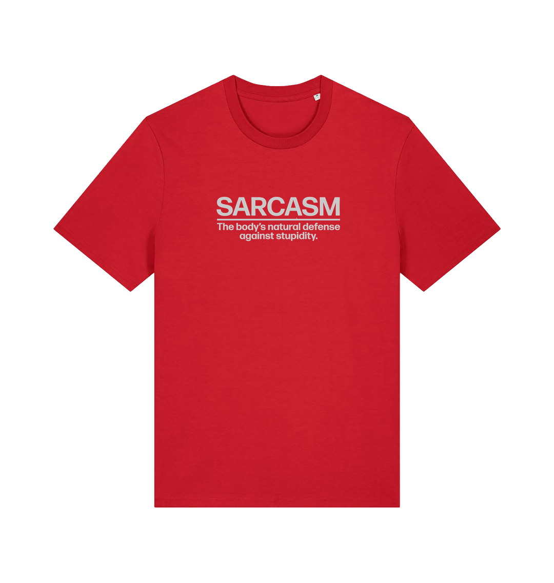 red funny slogan t-shirt with 'sarcasm the body's natural defence against stupidity'