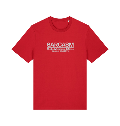 red funny slogan t-shirt with 'sarcasm the body's natural defence against stupidity'