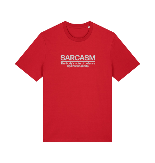 red funny slogan t-shirt with 'sarcasm the body's natural defence against stupidity'